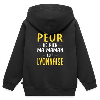 Je n'ai peur de rien ma maman est Lyonnaise - Sweat Premium à capuche zippé enfant bio - noir - Dos - AI Model Kid Male (0cm)