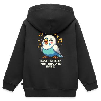 Warnung: Hohe Zwitscherfrequenz | Wellensittich - Kinder Premium Organic Zip Hoodie - Schwarz - Hinten - AI Model Kid Male (0cm)