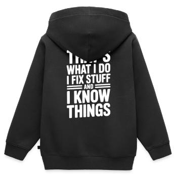 Das ist es, was ich tue: Ich repariere Dinge und ich weiß Dinge - Kinder Premium Organic Zip Hoodie - Schwarz - Hinten - AI Model Kid Male (0cm)