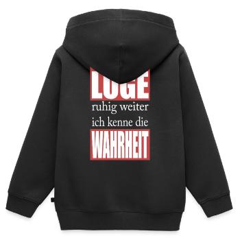 Vérité vs. mensonge dans la conception des blocs rouges - Sweat Premium à capuche zippé enfant bio - noir - Dos - AI Model Kid Male (0cm)