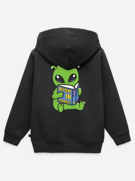 Alien Book Lover UFO Reading Funny Alien - Kids Premium Organic Zip-up Hoodie - black