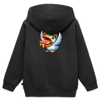 Drôle de canard avec un hamburger sur la tête - Sweat Premium à capuche zippé enfant bio - noir - Dos - AI Model Kid Male (0cm)