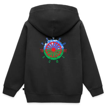 Fiers d’être Roms - Sweat Premium à capuche zippé enfant bio - noir - Dos - AI Model Kid Male (0cm)