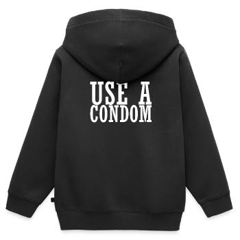 Utilisation sarcastique d’un préservatif - Sweat Premium à capuche zippé enfant bio - noir - Dos - AI Model Kid Male (0cm)
