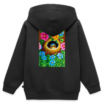 Vogel in seinem Nest umgeben von Blumen - Kinder Premium Organic Zip Hoodie - Schwarz - Hinten - AI Model Kid Male (0cm)