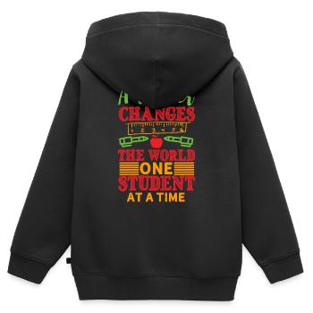 UN ENSEIGNANT CHANGE LE MONDE SUR L’ÉLÈVE À LA FOIS - Sweat Premium à capuche zippé enfant bio - noir - Dos - AI Model Kid Male (0cm)