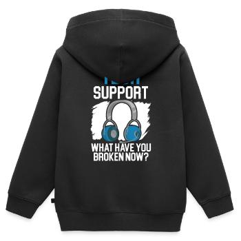 Support technique Qu’avez-vous cassé maintenant? - Sweat Premium à capuche zippé enfant bio - noir - Dos - AI Model Kid Male (0cm)