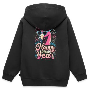Bonne année avec Flamingo Charm - Sweat Premium à capuche zippé enfant bio - noir - Dos - AI Model Kid Male (0cm)