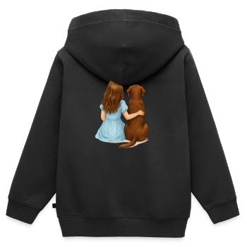 Femme brune avec labrador brun - Sweat Premium à capuche zippé enfant bio - noir - Dos - AI Model Kid Male (0cm)