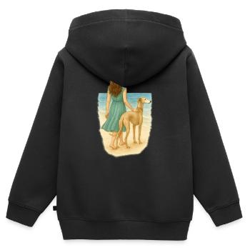 Windhund am Meer mit brünetter Frau - Kinder Premium Organic Zip Hoodie - Schwarz - Hinten - AI Model Kid Male (0cm)