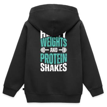 Schwergewichte und Protein Shakes - Kinder Premium Organic Zip Hoodie - Schwarz - Hinten - AI Model Kid Male (0cm)