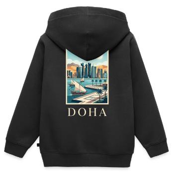 Affiche de voyage au Qatar sur le paysage urbain de Doha - Sweat Premium à capuche zippé enfant bio - noir - Dos - AI Model Kid Male (0cm)