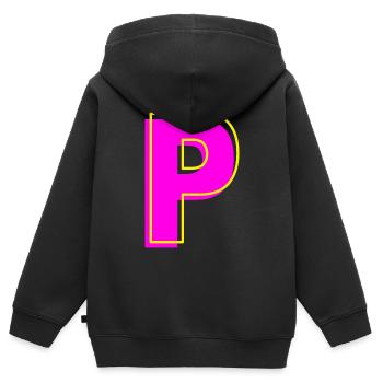 P - Votre nom - Votre lettre - Sweat Premium à capuche zippé enfant bio - noir - Dos - AI Model Kid Male (0cm)