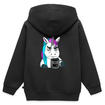 schlecht gelauntes Einhorn mit Kaffeebecher - Kinder Premium Organic Zip Hoodie - Schwarz - Hinten - AI Model Kid Male (0cm)