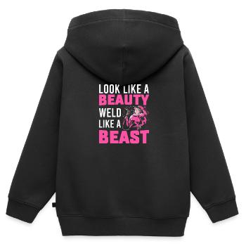 Drôle de soudeuse femme soudeuse - Sweat Premium à capuche zippé enfant bio - noir - Dos - AI Model Kid Male (0cm)