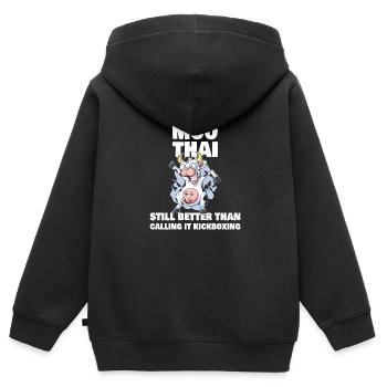 Muay Thai Vache Drôle Moo Thai Kickboxing - Sweat Premium à capuche zippé enfant bio - noir - Dos - AI Model Kid Male (0cm)