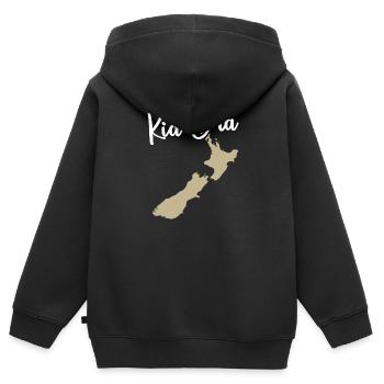 Kia Ora - Neuseeland Karte anzeigen - Kinder Premium Organic Zip Hoodie - Schwarz - Hinten - AI Model Kid Male (0cm)
