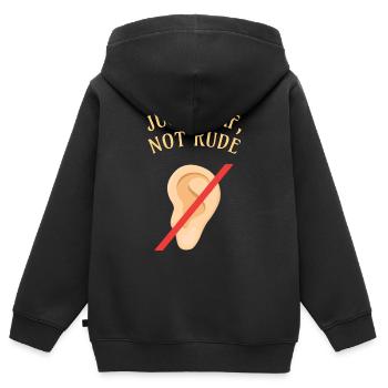 DEAF AWARENESS: Just Deaf Not Rude - Kids Premium Organic Zip-up Hoodie - black - Back - AI Model Kid Male (0cm)