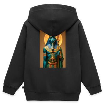 Ptah, blauhäutiger Gott, hält ein Zepter in der Hand, glühend - Kinder Premium Organic Zip Hoodie - Schwarz - Hinten - AI Model Kid Male (0cm)
