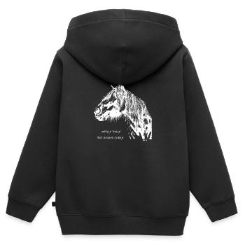DIRTY BUT FLIRTY * Irish Cob / Tinker - Kinder Premium Organic Zip Hoodie - Schwarz - Hinten - AI Model Kid Male (0cm)