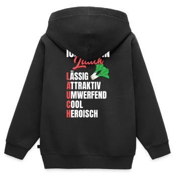 Gym BIN EIN LAUCH LÄSSIG ATTRAKTIV UMWERFEND - Kinder Premium Organic Zip Hoodie - Schwarz - Hinten - AI Model Kid Male (0cm)