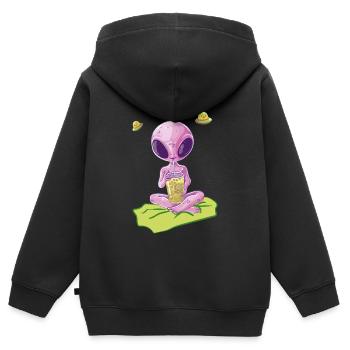 Alien violet buvant sur tapis vert - Sweat Premium à capuche zippé enfant bio - noir - Dos - AI Model Kid Male (0cm)