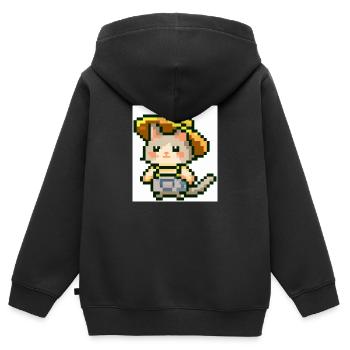 Chat avec chapeau de fermier, fermier, salopettes, pixelart - Sweat Premium à capuche zippé enfant bio - noir - Dos - AI Model Kid Male (0cm)