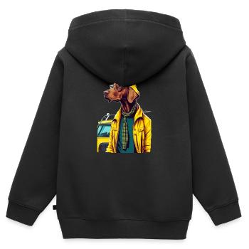 Magyar Vizsla im gelben Mantel - Kinder Premium Organic Zip Hoodie - Schwarz - Hinten - AI Model Kid Male (0cm)