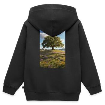Chêne sur prairie de fleurs sauvages - Sweat Premium à capuche zippé enfant bio - noir - Dos - AI Model Kid Male (0cm)