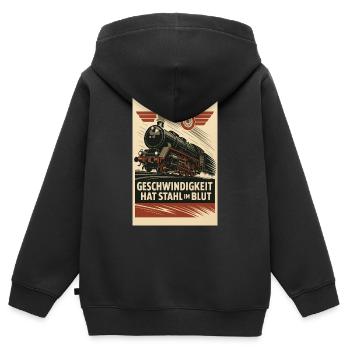 Eisenbahn Dampflok Geschwindigkeit Stahl im Blut - Kinder Premium Organic Zip Hoodie - Schwarz - Hinten - AI Model Kid Male (0cm)