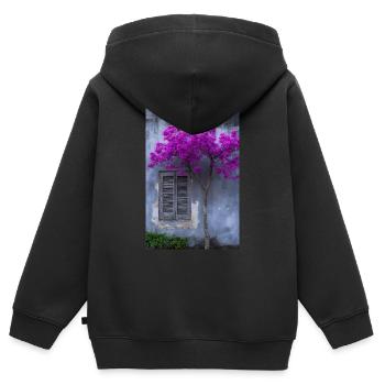 Lebendige Blüte vor rustikaler Wand - Kinder Premium Organic Zip Hoodie - Schwarz - Hinten - AI Model Kid Male (0cm)