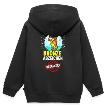 Insigne hippocampe en bronze - Sweat Premium à capuche zippé enfant bio - noir - Dos - AI Model Kid Male (0cm)