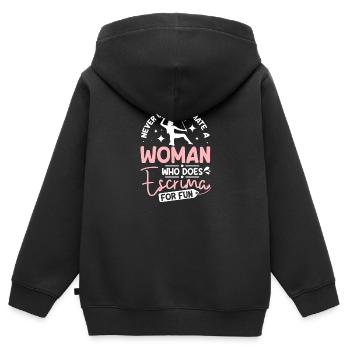 Ne sous-estimez jamais une femme qui fait de l’escrima - Sweat Premium à capuche zippé enfant bio - noir - Dos - AI Model Kid Male (0cm)