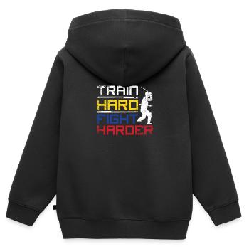 Entraînez-vous dur, combattez plus fort Escrima - Sweat Premium à capuche zippé enfant bio - noir - Dos - AI Model Kid Male (0cm)