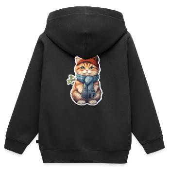 Chat en hiver avec bonnet et écharpe - Sweat Premium à capuche zippé enfant bio - noir - Dos - AI Model Kid Male (0cm)