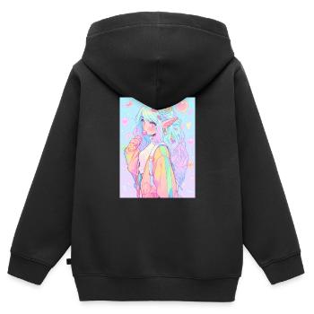 Anime, Fille d’anime, Fille d’anime, Elfe - Sweat Premium à capuche zippé enfant bio - noir - Dos - AI Model Kid Male (0cm)