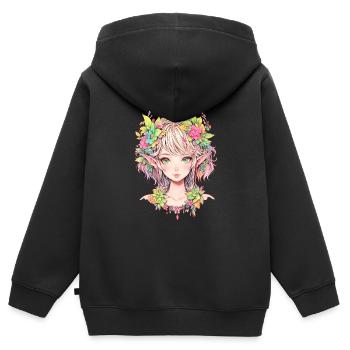 Anime, Fille d’anime, Fille d’anime, Elfe - Sweat Premium à capuche zippé enfant bio - noir - Dos - AI Model Kid Male (0cm)
