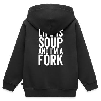 Das Leben ist Suppe und ich bin eine Gabel - Kinder Premium Organic Zip Hoodie - Schwarz - Hinten - AI Model Kid Male (0cm)
