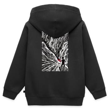 Linogravure Illustration version rouge et noir - Sweat Premium à capuche zippé enfant bio - noir - Dos - AI Model Kid Male (0cm)