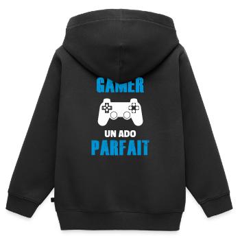 ado gamer / ado parfait / adolescent / enfants - Sweat Premium à capuche zippé enfant bio - noir - Dos - AI Model Kid Male (0cm)