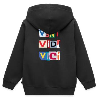 Veni Brief in Zeitungen - Kinder Premium Organic Zip Hoodie - Schwarz - Hinten - AI Model Kid Male (0cm)