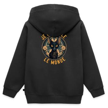 Hypnotisches Katzenporträt: Ich kontrolliere die Welt - Kinder Premium Organic Zip Hoodie - Schwarz - Hinten - AI Model Kid Male (0cm)