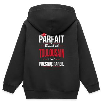 Mon papa n'est pas parfait - Toulousain - Sweat Premium à capuche zippé enfant bio - noir - Dos - AI Model Kid Male (0cm)