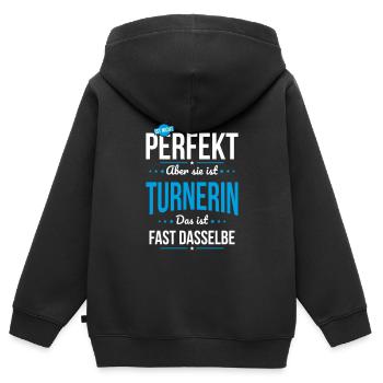 Meine Mama ist nicht perfekt aber sie ist Turnerin - Kinder Premium Organic Zip Hoodie - Schwarz - Hinten - AI Model Kid Male (0cm)