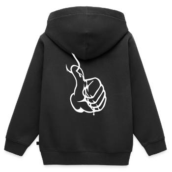 Angler’s Thumb Thumbs up Nokidding Logo - Blanc - Sweat Premium à capuche zippé enfant bio - noir - Dos - AI Model Kid Male (0cm)