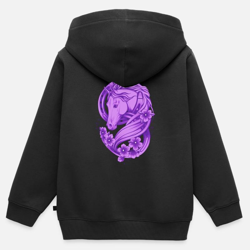 Fer à cheval et fleurs - Sweat Premium à capuche zippé enfant bio - noir