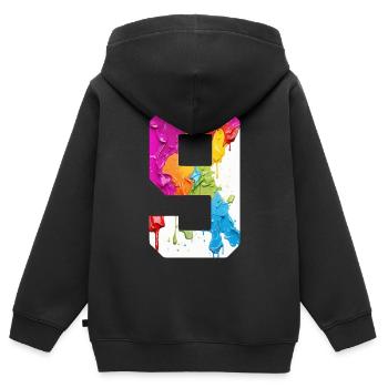 NUMÉRO COLORÉ 9 COLORÉ 9E ANNIVERSAIRE - Sweat Premium à capuche zippé enfant bio - noir - Dos - AI Model Kid Male (0cm)