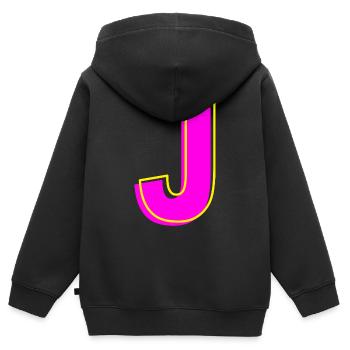 J - Votre nom - Votre lettre - Sweat Premium à capuche zippé enfant bio - noir - Dos - AI Model Kid Male (0cm)