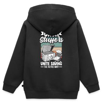 Cash Stuffers Unite Saving the Retro Way Cash - Kinder Premium Organic Zip Hoodie - Schwarz - Hinten - AI Model Kid Male (0cm)