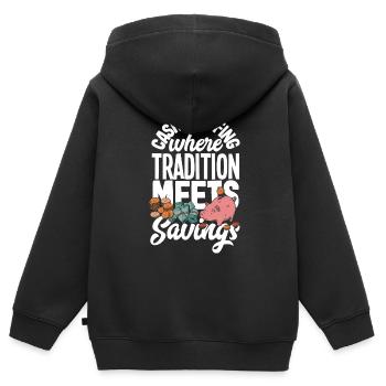 Cash Stuffing Where Tradition Meets Savings Cash - Kinder Premium Organic Zip Hoodie - Schwarz - Hinten - AI Model Kid Male (0cm)